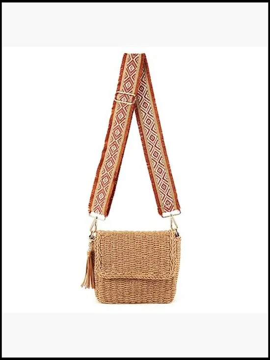 Straw Braided Crossbody Bag Boho Chic Summer Beach Handbag Adjustable Strap - Picture 3 of 6
